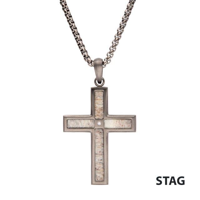 Gun Metal Antler Inlay with CZ Cross Pendant