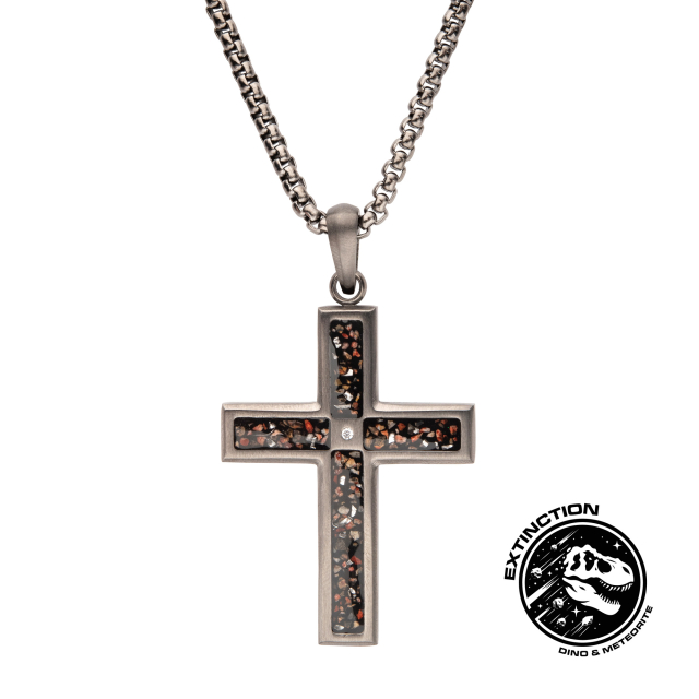 Gun Metal Matte Dinosaur Bone Inlay with CZ Cross Pendant