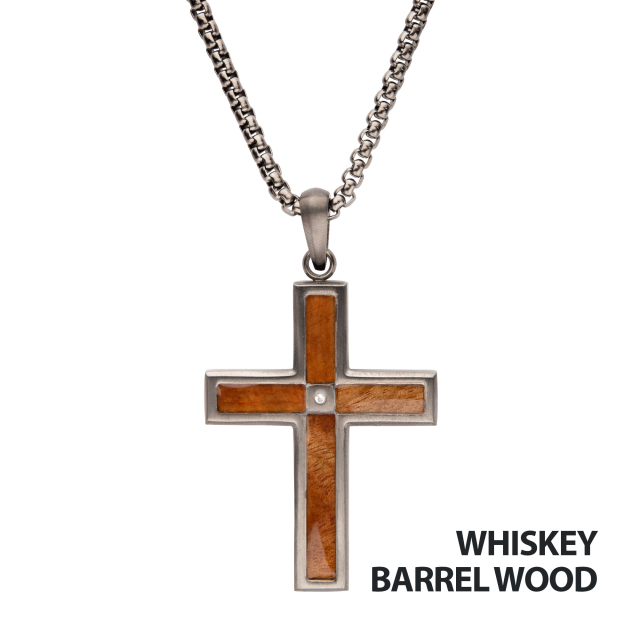 Gun Metal Matte Wood Inlay with CZ Cross Pendant