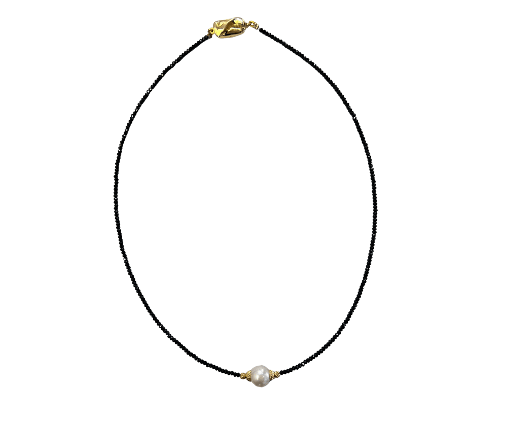 18KY Black Spinel Necklace with Freshwater Pearl