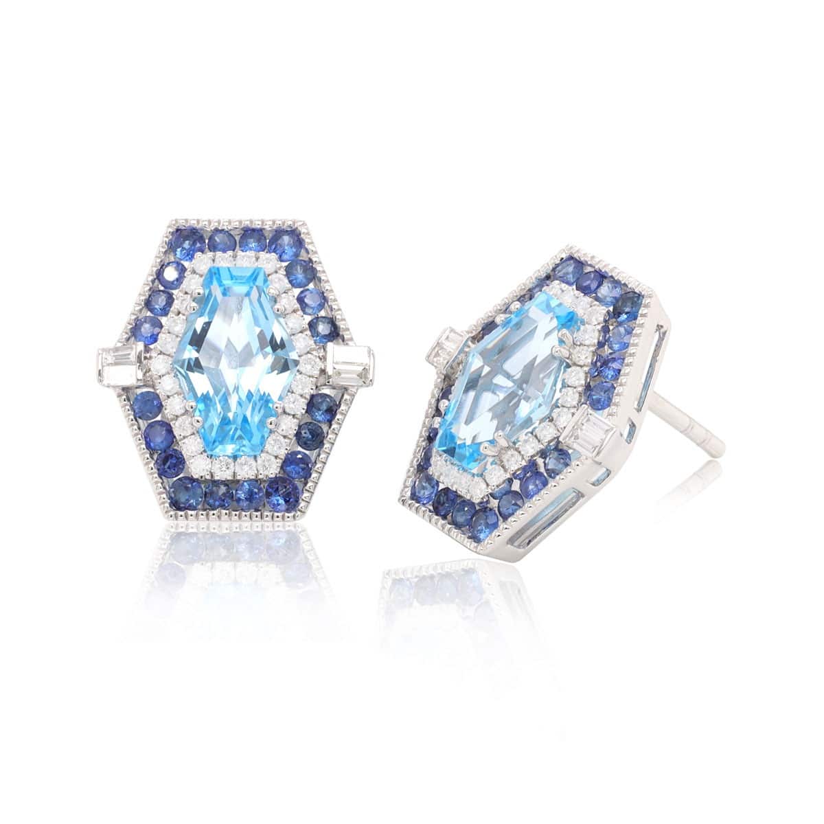 14KW Blue Topaz, Sapphire and Diamond Hexagonal Earrings