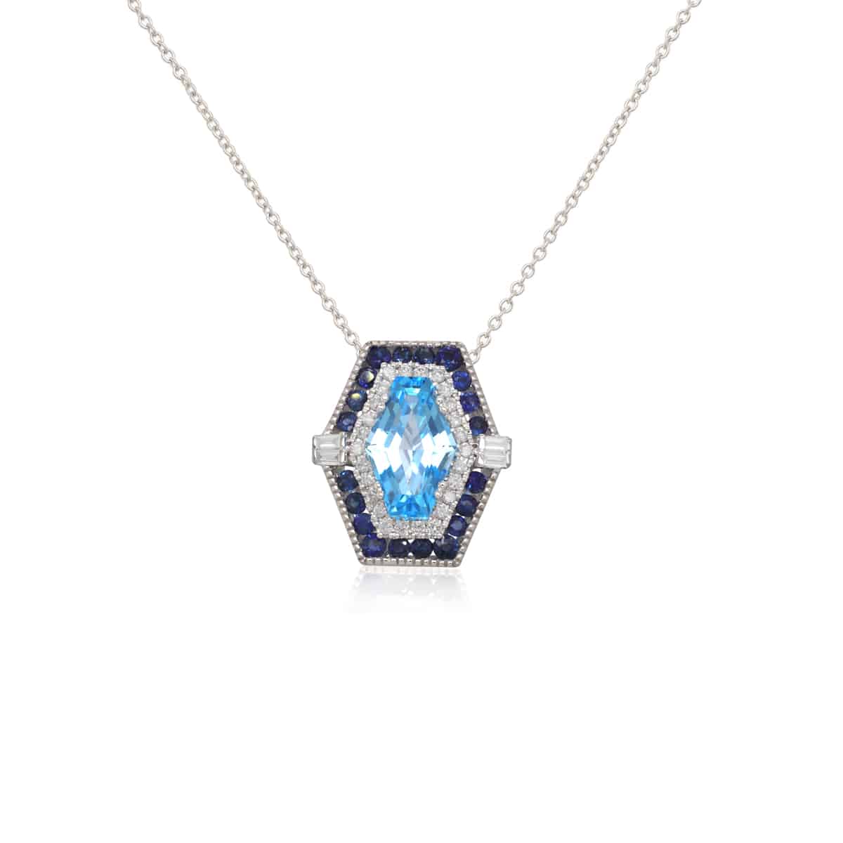 14KW Blue Topaz, Sapphire and Diamond Hexagonal Necklace