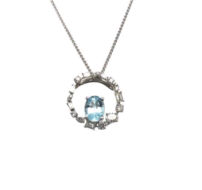 14KW Aquamarine And Multi-cut Diamond Pendant