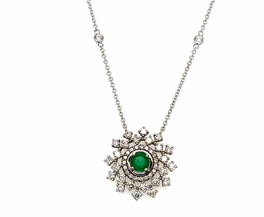 14KW Snowflake Necklace with Emerald and Diamonds