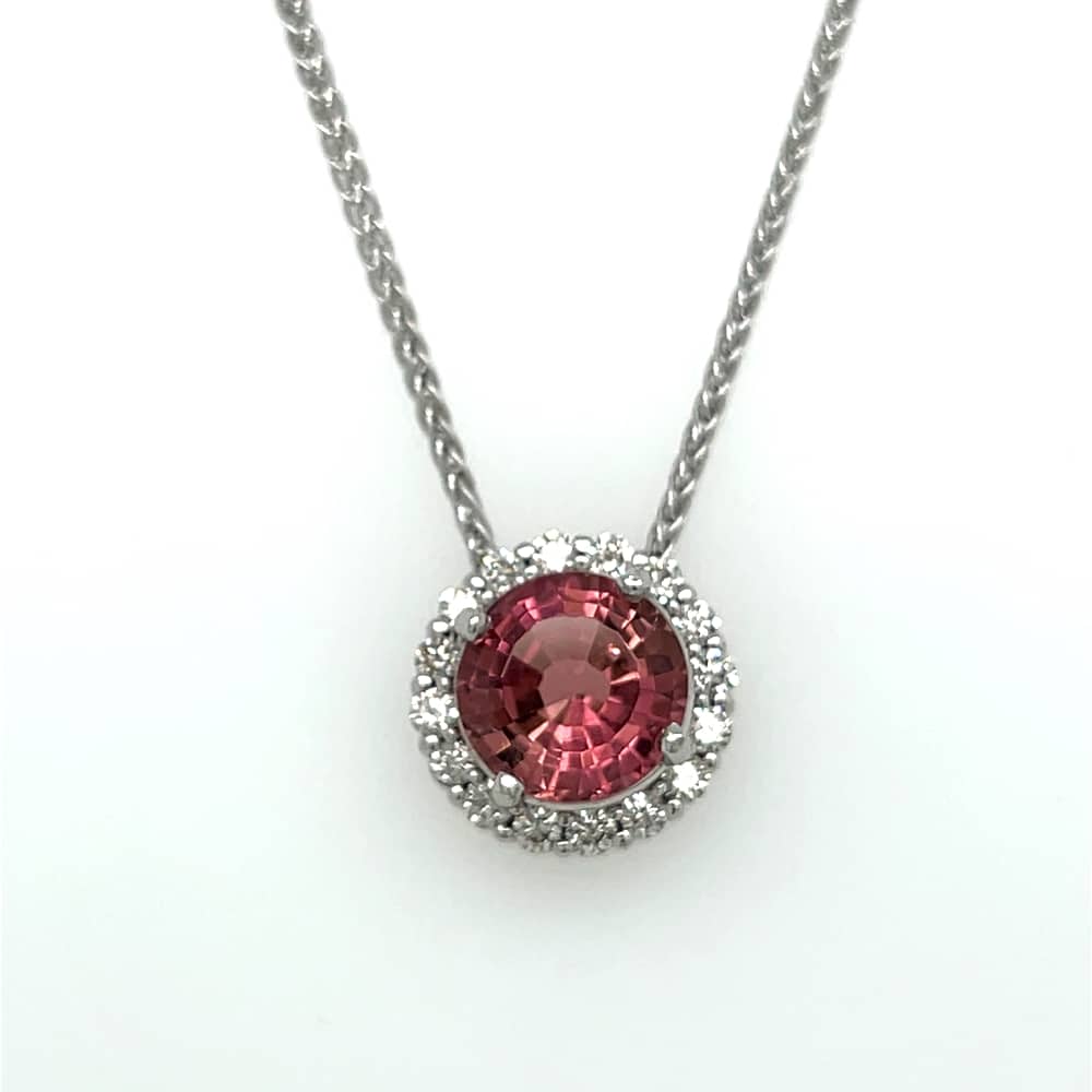 14KW Pink Tourmaline Circle Pendant with Diamond Halo