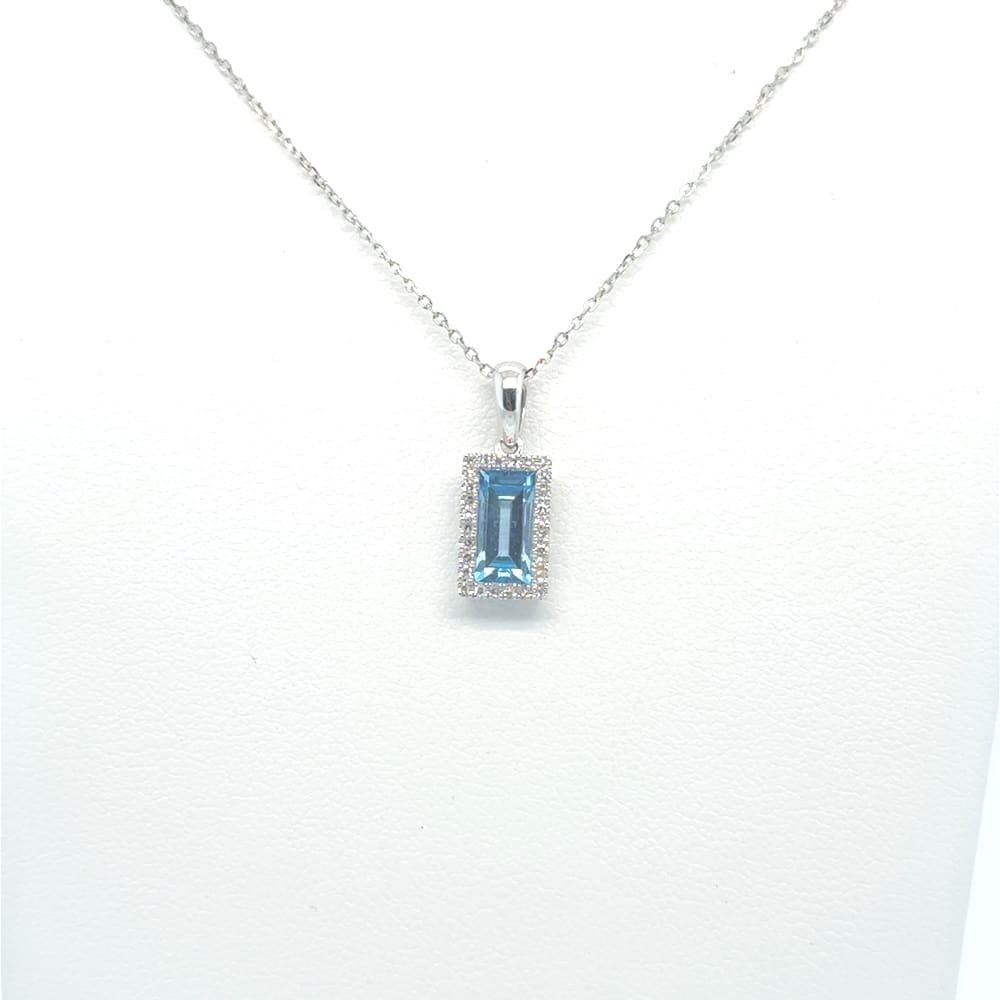 14KW Blue Topaz Baguette Necklace With Diamond Halo