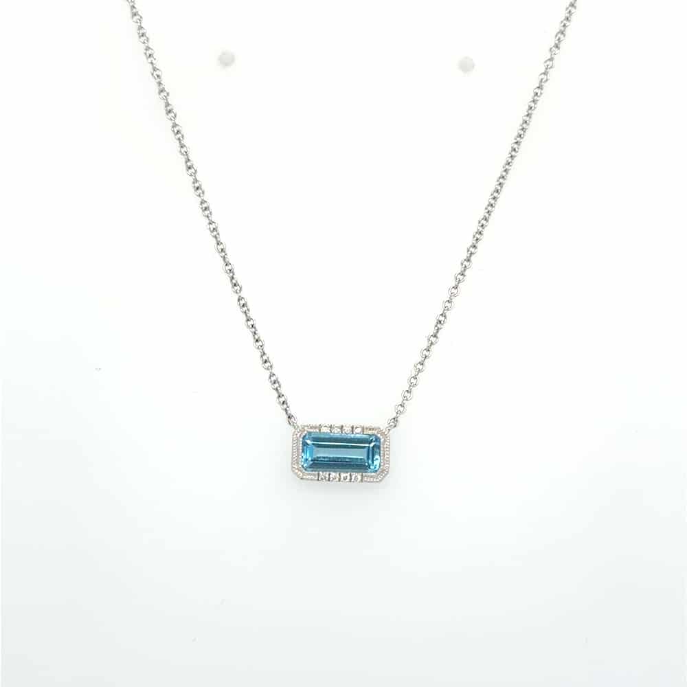 14KW Rectangular Blue Topaz With Diamond Kisses Necklace