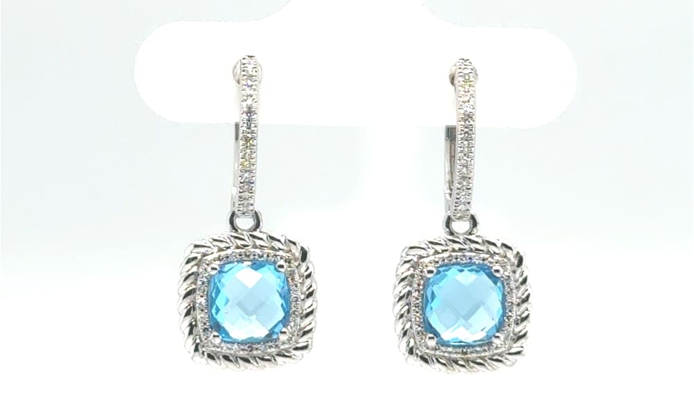 14KW Blue Topaz Cushion Cut Dangle Earrings