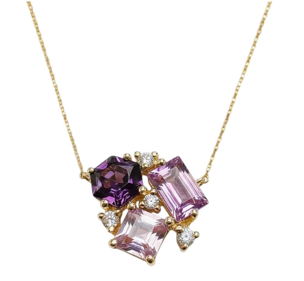14KY Amethyst and Diamond Cluster Fashion Necklace