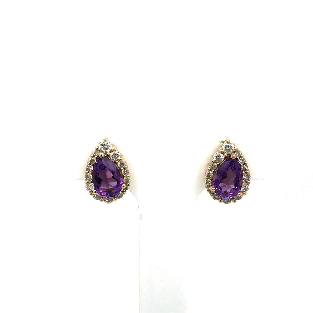 14KY Amethyst Halo Pear Studs