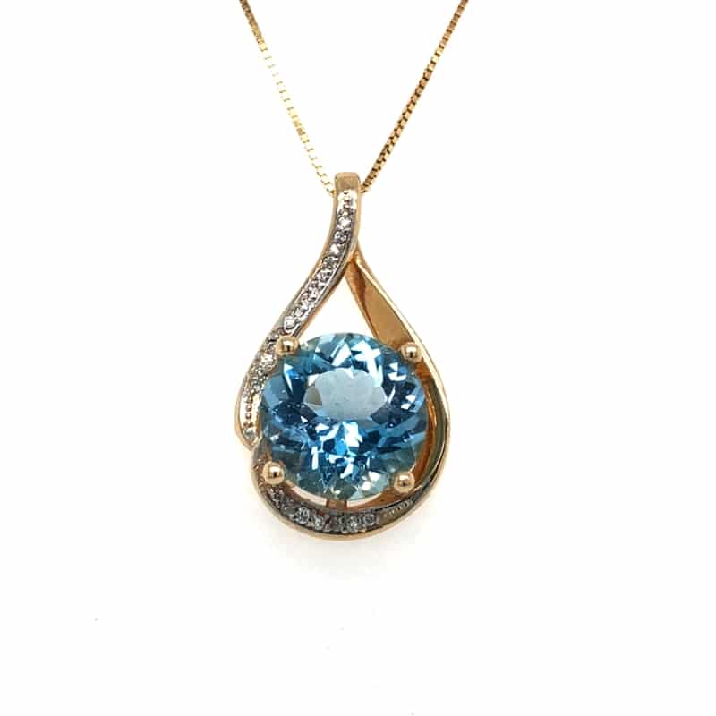 14KY Round Aquamarine And Diamond Swirl Pendant