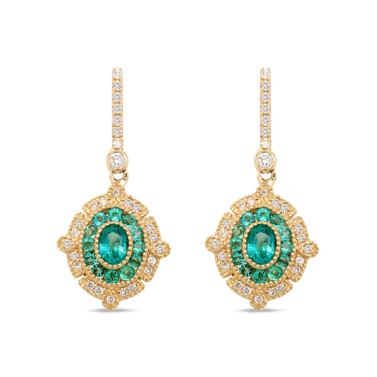 14KY Vintage Style Emerald and Diamond Earrings