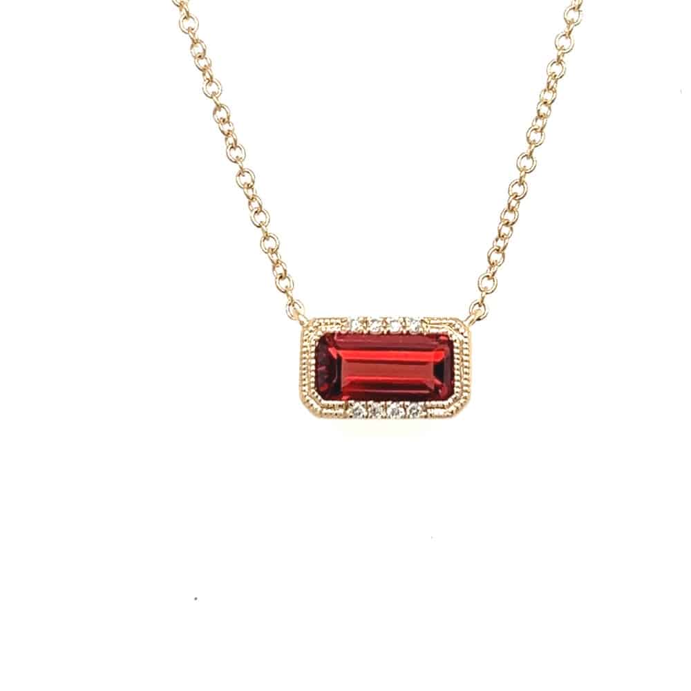 14KY Emerald Cut Garnet Necklace With Diamond Accents