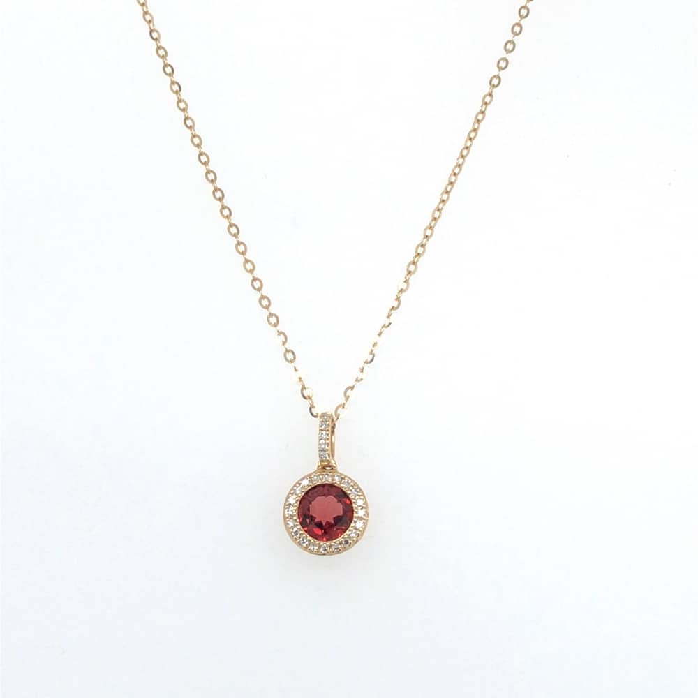 14KY Round Garnet Pendant With Diamond Halo