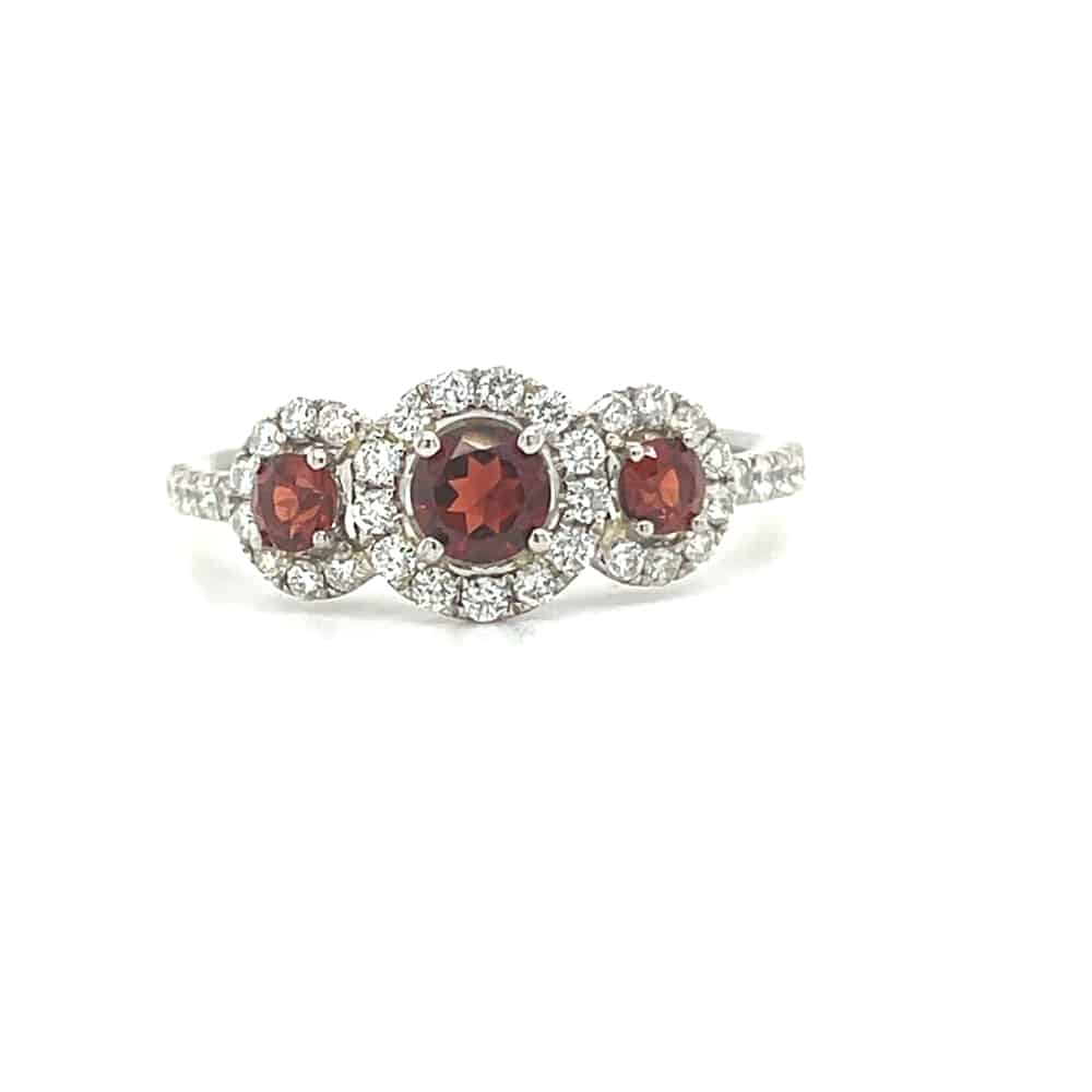 14KW 3 Stone Garnet Halo Ring
