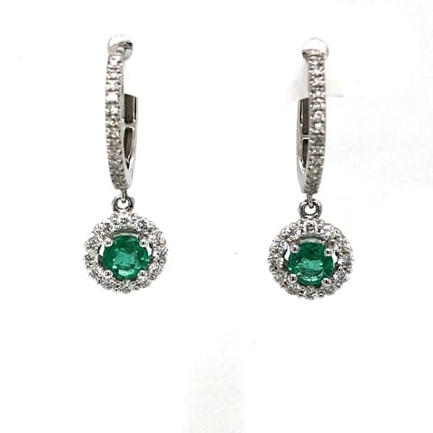14KW Emerald and Diamond Dangle Hoops