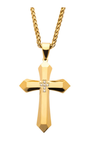 Gold IP Cross CZ Pendant, with Gold IP Wheat Chain