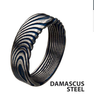 Blue IP Damascus Steel Band Ring