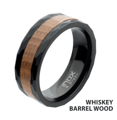 Whiskey Barrel Wood Inlay Black IP Steel Ring