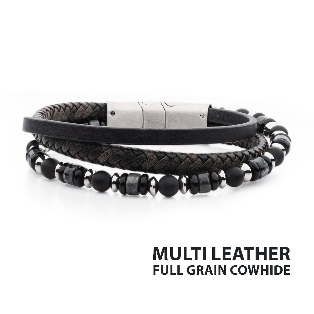 Cowhide Leather with Black Onyx & White Howlite Multi-Strand Bracelet