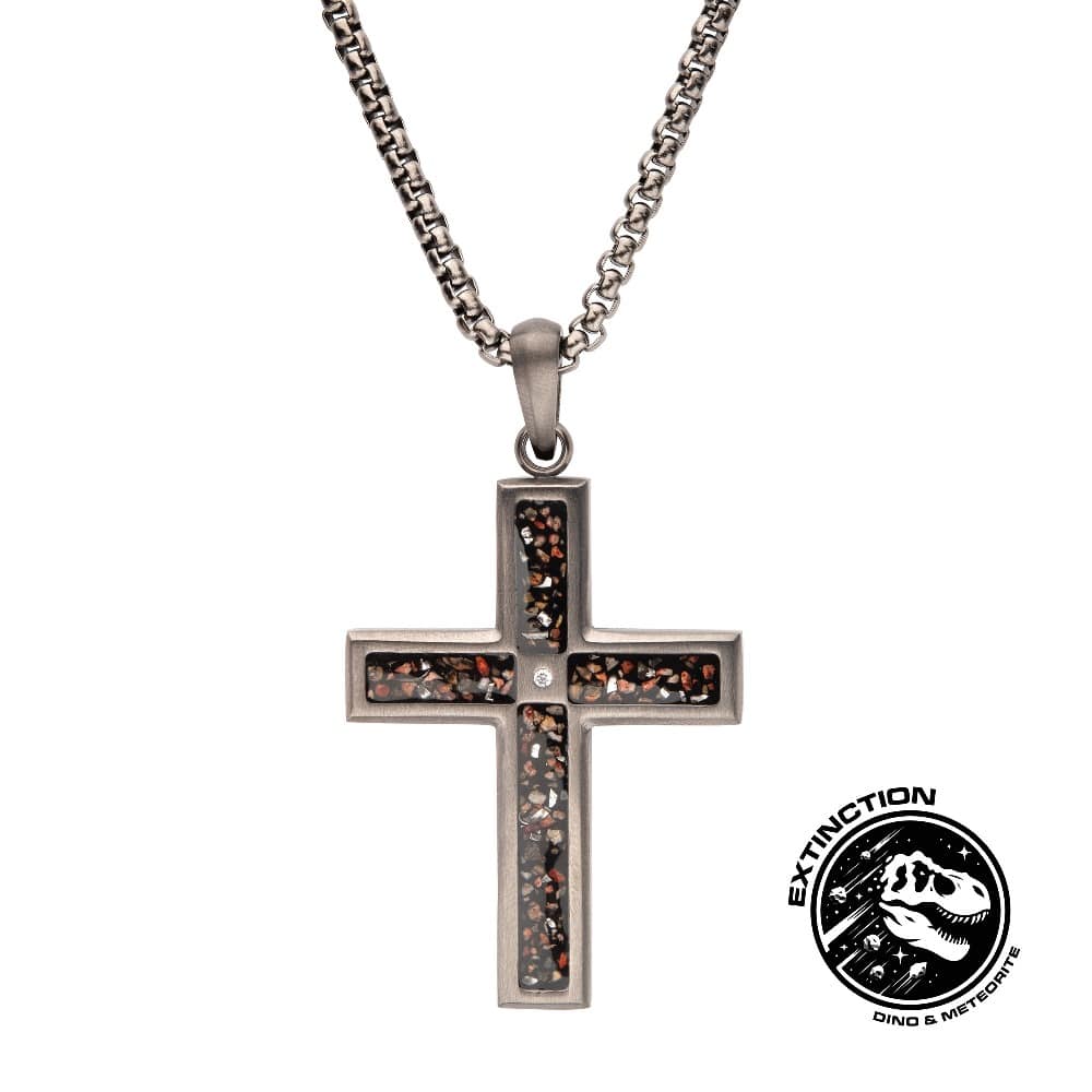 Gun Metal IP Steel Dinosaur Bone Inlay Cross Pendant