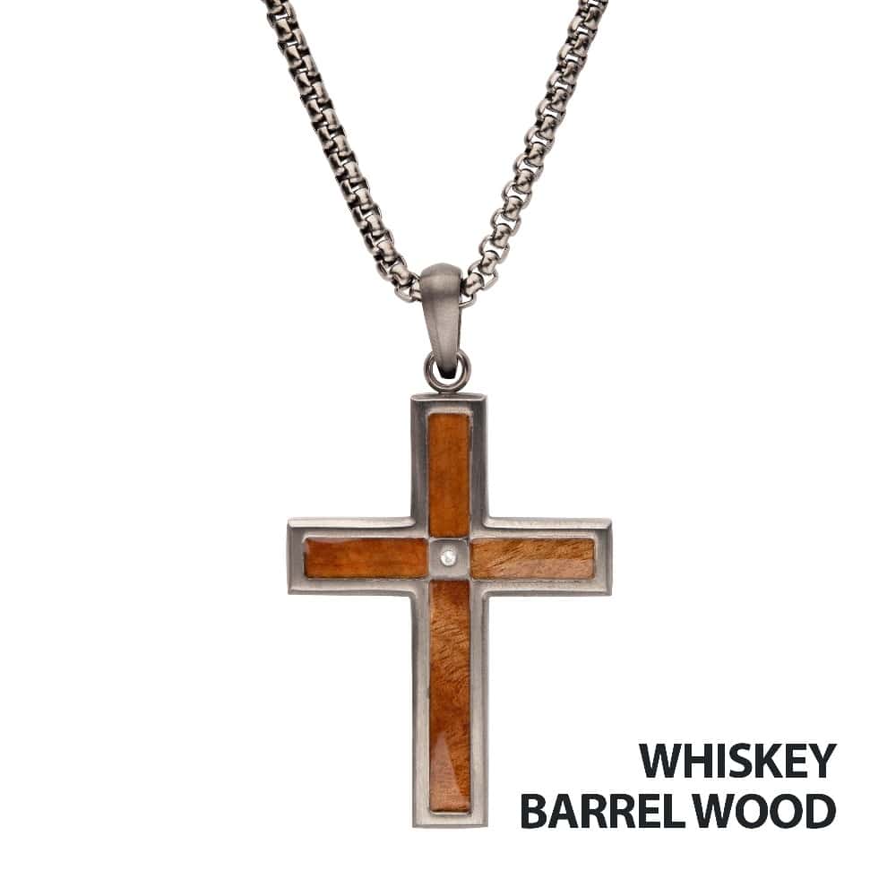 Gun Metal IP Steel Whiskey Barrel Wood Inlay Cross Pendant