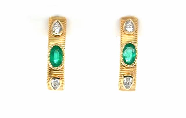 14K Yellow Emerald and Diamond J Hoops